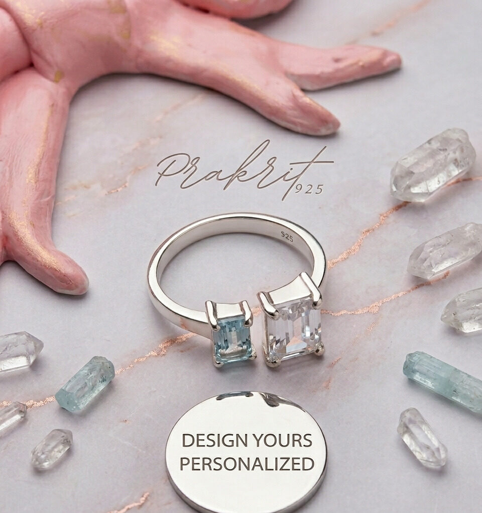 Sterling silver 925 open ring with dual gemstones (aquamarine and white crystal), personalized adjustable ring design for women