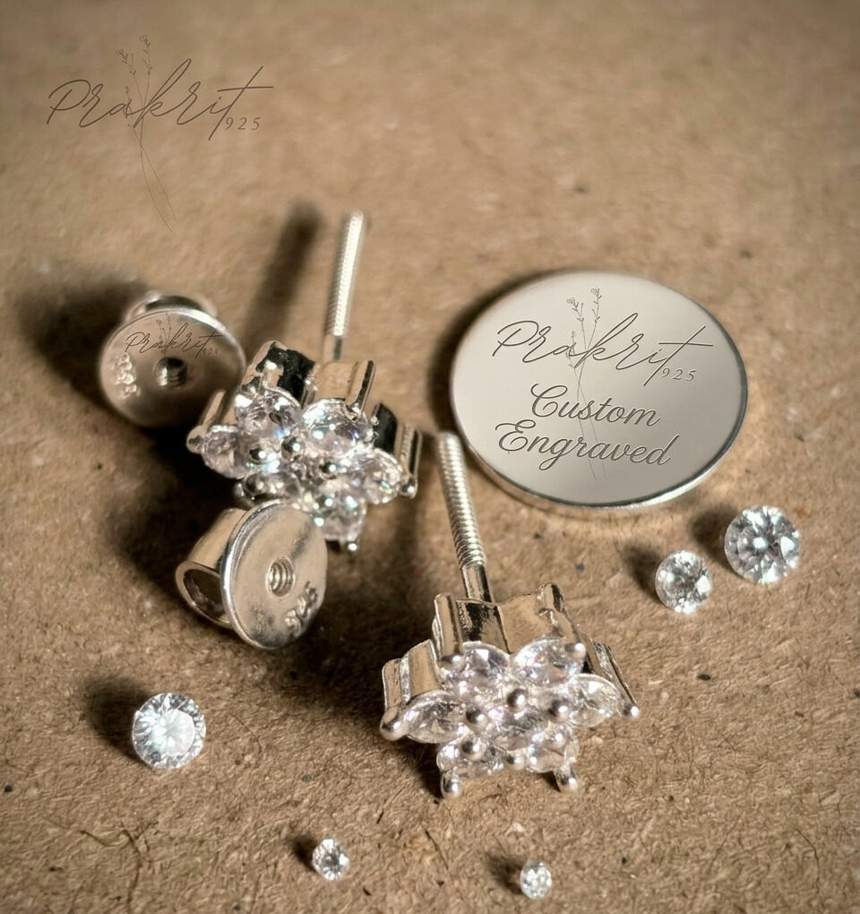 Sterling silver 925 flower stud earrings with sparkling crystals, custom engraved personalized jewelry for women